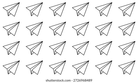 Patrón sin fisuras del contorno del avión de papel. Papel plano línea de arte textura sin fisuras. Fondo de pantalla de dibujo de avión de papel volador. Fondo de Vector minimalista para el lanzamiento de una startup o la marca comercial.
