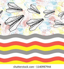 Seamless pattern with paper airplane over the colorful waves. Travel, route symbol on dotty background. Vector illustration with a hand drawn paper plane. Outline. Hand drawn doodle airplane. 