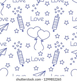 Seamless pattern with paper airplane, petard, balloons, hearts. Birthday, Valentine's day, Mother's Day, Father's day vector romantic background. Design for greeting card, poster or print.