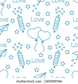 Seamless pattern with paper airplane, petard, balloons, hearts. Birthday, Valentine's day, Mother's Day, Father's day vector romantic background. Design for greeting card, poster or print.