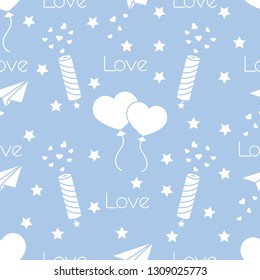 Seamless pattern with paper airplane, petard, balloons, hearts. Birthday, Valentine's day, Mother's Day, Father's day vector romantic background. Design for greeting card, poster or print.