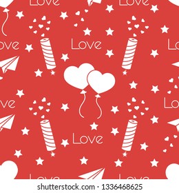 Seamless pattern with paper airplane, petard, balloons, hearts. Birthday, Valentine's day, Mother's Day, Father's day vector romantic background. Design for greeting card, poster or print.