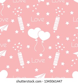 Seamless pattern with paper airplane, petard, balloons, hearts. Birthday, Valentine's day, Mother's Day, Father's day vector romantic background. Design for greeting card, poster or print.