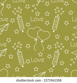 Seamless pattern with paper airplane, petard, balloons, hearts. Birthday, Valentine's day, Mother's Day, Father's day vector romantic background. Design for greeting card, poster or print.