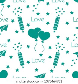 Seamless pattern with paper airplane, petard, balloons, hearts. Birthday, Valentine's day, Mother's Day, Father's day vector romantic background. Design for greeting card, poster or print.