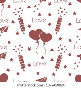 Seamless pattern with paper airplane, petard, balloons, hearts. Birthday, Valentine's day, Mother's Day, Father's day vector romantic background. Design for greeting card, poster or print.