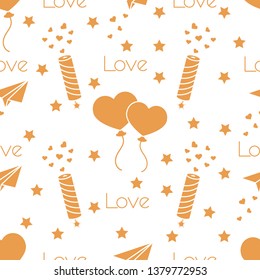 Seamless pattern with paper airplane, petard, balloons, hearts. Birthday, Valentine's day, Mother's Day, Father's day vector romantic background. Design for greeting card, poster or print.