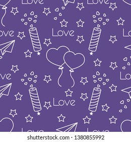 Seamless pattern with paper airplane, petard, balloons, hearts. Birthday, Valentine's day, Mother's Day, Father's day vector romantic background. Design for greeting card, poster or print.