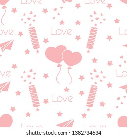 Seamless pattern with paper airplane, petard, balloons, hearts. Birthday, Valentine's day, Mother's Day, Father's day vector romantic background. Design for greeting card, poster or print.