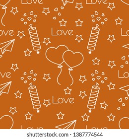 Seamless pattern with paper airplane, petard, balloons, hearts. Birthday, Valentine's day, Mother's Day, Father's day vector romantic background. Design for greeting card, poster or print.