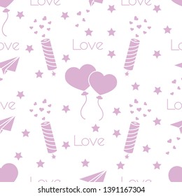 Seamless pattern with paper airplane, petard, balloons, hearts. Birthday, Valentine's day, Mother's Day, Father's day vector romantic background. Design for greeting card, poster or print.