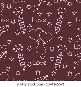 Seamless pattern with paper airplane, petard, balloons, hearts. Birthday, Valentine's day, Mother's Day, Father's day vector romantic background. Design for greeting card, poster or print.