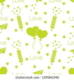 Seamless pattern with paper airplane, petard, balloons, hearts. Birthday, Valentine's day, Mother's Day, Father's day vector romantic background. Design for greeting card, poster or print.