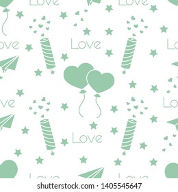 Seamless pattern with paper airplane, petard, balloons, hearts. Birthday, Valentine's day, Mother's Day, Father's day vector romantic background. Design for greeting card, poster or print.