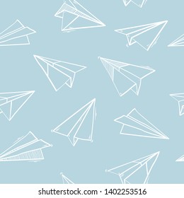 Seamless Pattern Of Paper Airplane.Paper Airplanes Flying On Blue Sky 