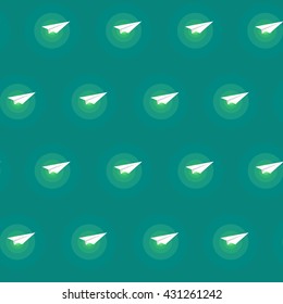 Seamless pattern with paper airplanes with circles on a green background in style flat