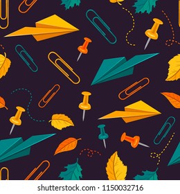 seamless pattern with paper airplanes and paper clips