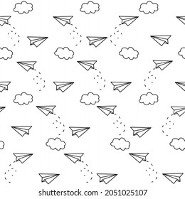 Patrón sin inconvenientes de aviones de papel en las nubes, origami dibujado a mano sobre un fondo blanco. Ilustración vectorial en blanco y negro. Para imprimir en tela.
