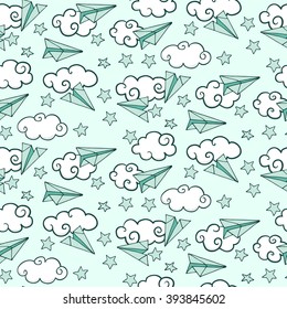 Seamless pattern with paper airplanes in clouds. Vector illustration