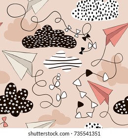 Seamless pattern paper airplanes and clouds. Hand drawn creative childish background.Vector Illustration