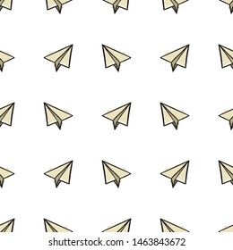 seamless pattern with paper airplanes in doodle, hand drawing style in color Vector illustration