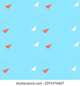 Seamless pattern with paper airplanes with hearts. Vector.