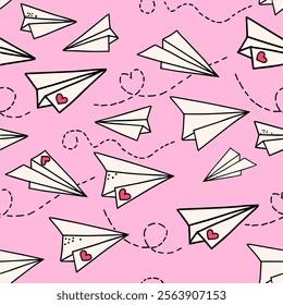 Seamless pattern of Paper airplanes on pink background