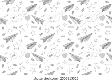 Patrón sin fisuras con aviones de papel, útiles escolares y Formas geométricas, perfecto para páginas para colorear de regreso a la escuela.