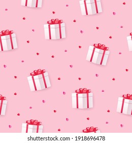 Seamless pattern with paper art of white gift box and paper heart on pink background, Love and Valentines day concept, Vector illustration