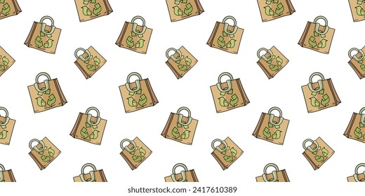 Seamless pattern with paper bag with recycling symbol doodle vector
