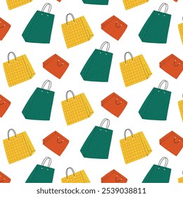 Padrão contínuo com sacos de papel. Padrão com embrulho de presente, compras. Ilustração vetorial
