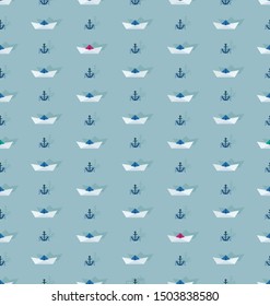 Seamless pattern with paper boat and anchor. Design of a nautical pattern with paper boats and anchors on the waves for children's textiles.
