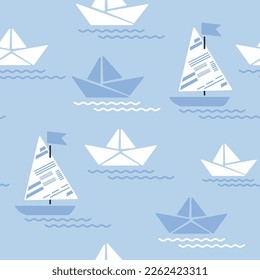 Seamless pattern with paper boat made of newspaper. Stream and paper ship origami vector illustration.