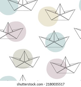 Seamless pattern with paper boat origami ship icon isolated on white background.