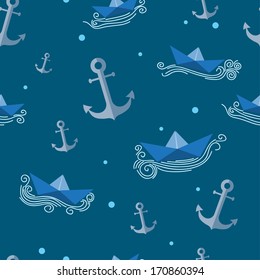 Seamless pattern with paper boats and anchors