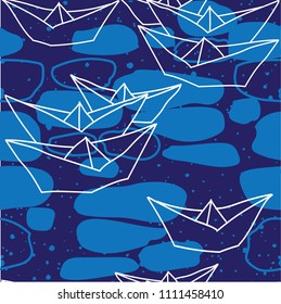 Seamless pattern with paper boats. Drawing by hand, children's drawing. The sea pattern.