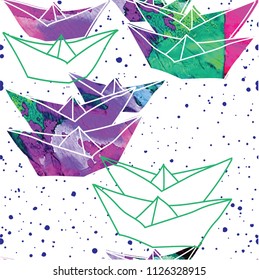 Seamless pattern with paper boats. Drawing by hand, children's drawing. The sea pattern.