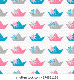 Seamless pattern with paper boats and hand wheels on waves