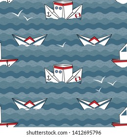 Seamless pattern with paper boats. Vector illustration