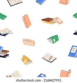 Seamless pattern with paper books. Endless background with education school literature, textbooks for reading, studying. Repeating schoolbooks print, texture. Colored flat graphic vector illustration