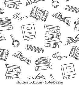 Seamless pattern with paper books. Home library, book stacks, glasses in doodle style. Hand drawn vector illustration on white background