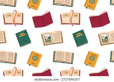 Patrón sin fisuras con libros de papel para la afición de la lectura, ilustración plana del Vector de la historieta en estilo acogedor. Libros con cubiertas decorativas y marcadores para la educación, Bibliotecas, papelería