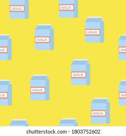 seamless pattern of paper boxes with milk on yellow background