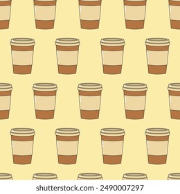 Seamless pattern with paper coffee cup on beige background. Template for cover, package, poster, banner. Vector illustration