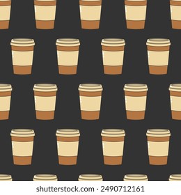 Seamless pattern with paper coffee cup on black background. Template for cover, package, poster, banner. Vector illustration