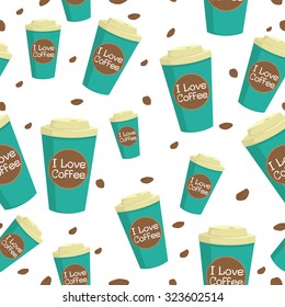 Seamless Pattern Of Paper Coffee Cup With Coffee Beans And I Love Coffee Text