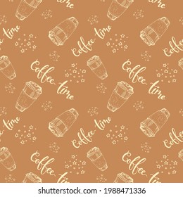 Seamless pattern paper coffee cups. Coffee time. Vector illustration.