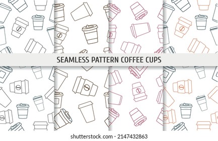 Seamless pattern paper coffee cups in line style