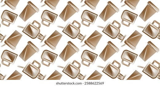 seamless pattern of paper coffee cups and glass cups in linear style modern drinks beige color mocha mousse, icons, web design