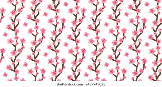 Seamless pattern with paper craft stylized blooming sakura branches and flowers. Seasonal Japanese natural background.